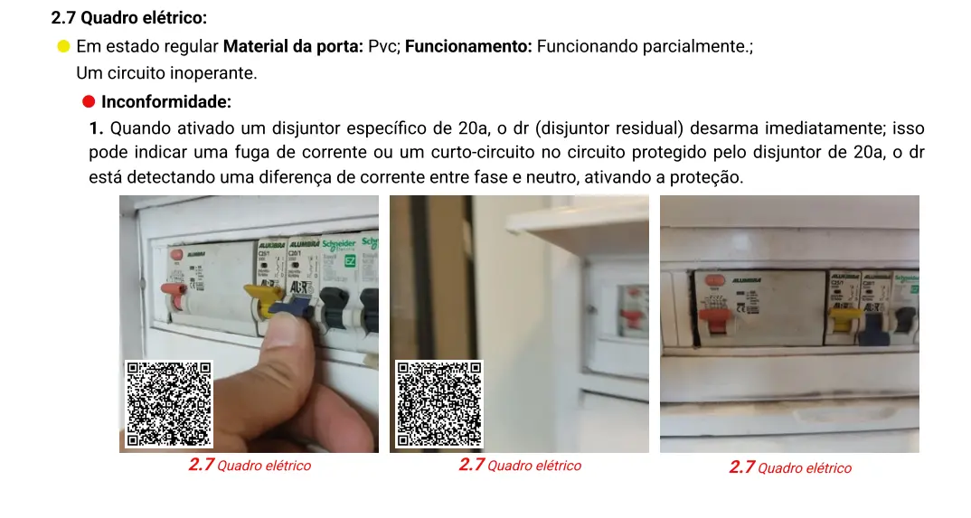 Página do laudo apontando inconformidade no quadro elétrico com fotos e explicação técnica
