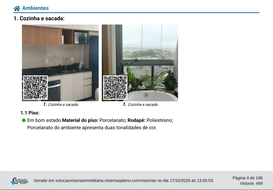 Página do laudo com fotos da cozinha e sacada e estado do piso documentado