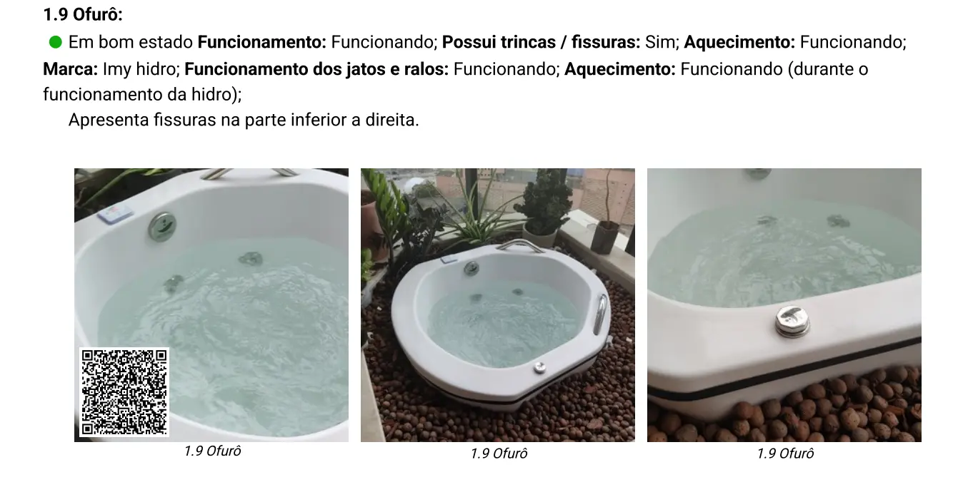 Página do laudo com fotos do ofurô em funcionamento e descrição de fissuras