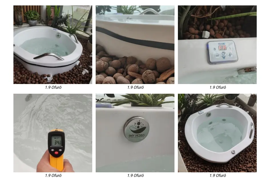 Página do laudo com fotos detalhadas do ofurô, painel de controle e medição de temperatura